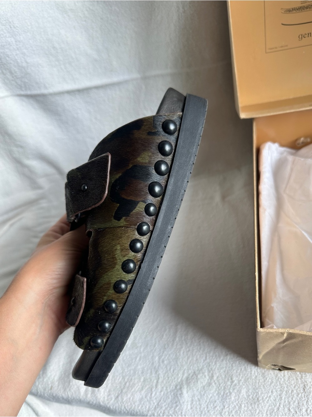 Gentle souls Camo Haircalf Double-Buckle Slide Sandals - Picture 9 of 12